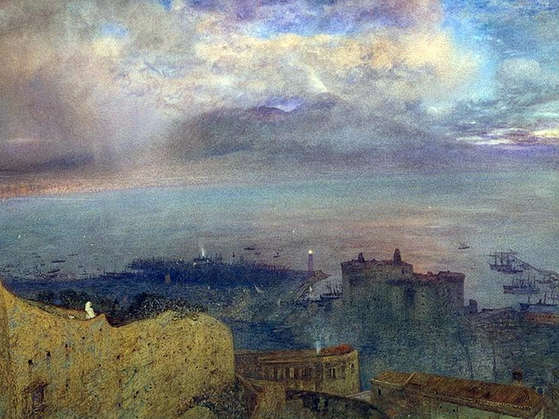 1830-Alfred William Hunt - Veduta del Golfo di Napoli con il Vesuvio fumante in lontananza (sera)